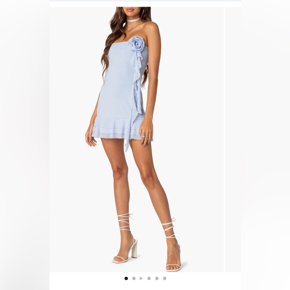 Edikted Thalia Rosette Ruffle Mini Strapless Size XS - Baby Blue